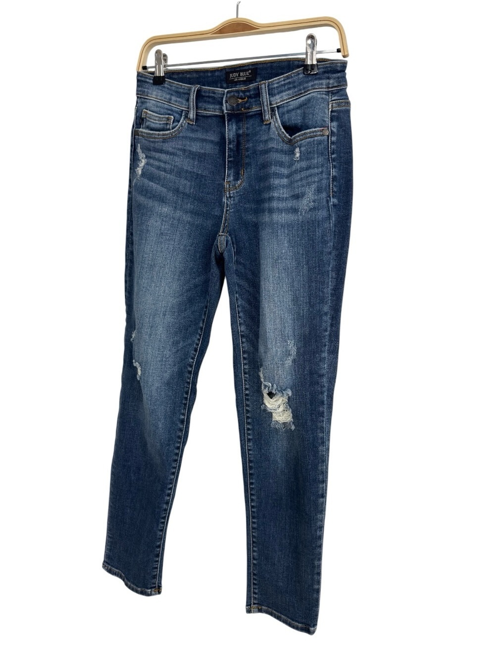 Judy Blue Distressed Slim Straight Jeans Women’s Size 5/ 27 Mid Rise Denim - Picture 4 of 10